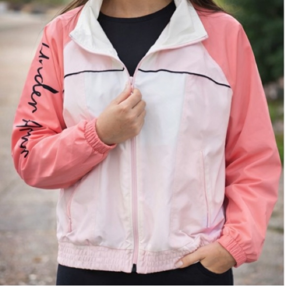 Under Armour Womens Pink‎ White Colorblock Full Zip Windbreaker Jacket XS Loose